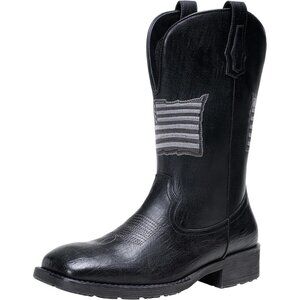 Men's Black Western Boot Side Zipper American Flag Retro Square Toe Mid-Calf